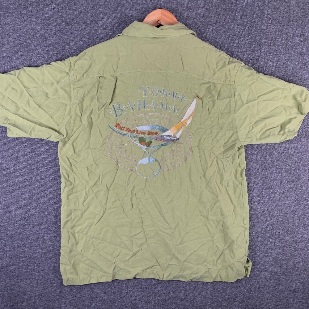 Tommy Bahama Silk Shirt Men Medium Sail Fast Live Slow Beach Coastal Hawaiian
